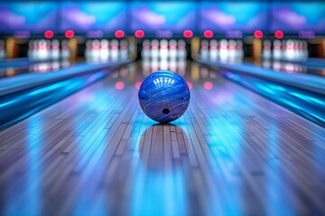 Action shot of a bowling ball striking pins from below in a ten pin bowling game scene