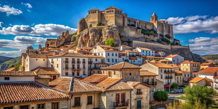 Enchanting Old Houses with Medieval Castle Overlooking Morella Landscape, Showcasing Historic Architecture and Beautiful Surroundings