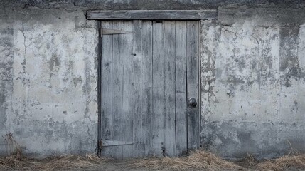 Weathered Wooden Door in Crumbling Concrete Wall