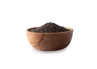 Bowl with black quinoa isolated on white background. Close-up. Grain black quinoa on white background. Whole grain quinoa. Image with copy space.