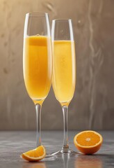 Elegant champagne flute with a swirling orange juice and champagne mixture on top, occasion, flute, happy