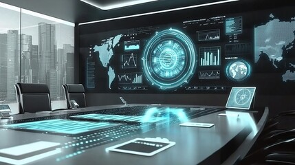 Futuristic conference room with holographic displays showing data and world map.