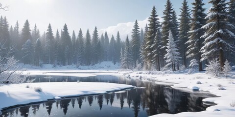 Obraz premium A snowy forest with snow-covered trees and a frozen lake in the background, icy scene, winter scenery