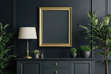 Elegant Dark Interior Design with Gold Frame and Plants