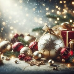 Christmas background featuring festive balls, decorations, and gifts, reflecting the themes of Christmas and New Year