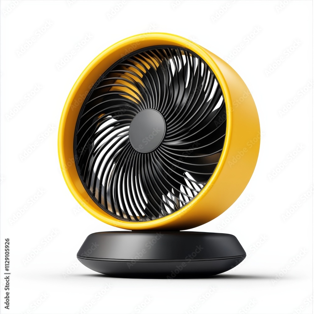 Poster Side view of realistic portable fan in black and yellow colors. Climate device for using in room with hot temperatures. Vector illustration in 3d style with shadow