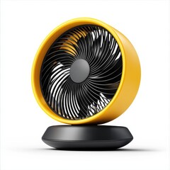 Side view of realistic portable fan in black and yellow colors. Climate device for using in room with hot temperatures. Vector illustration in 3d style with shadow