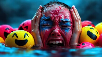 A child with painted face expressing strong emotions while submerged in a pool, depicting the...