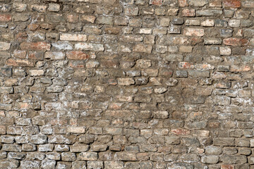 Damaged brick structure surface of the ancient city wall. Building part for texture, close-up.