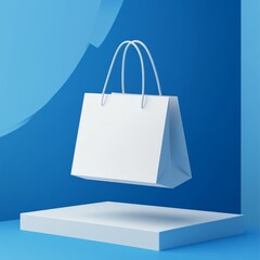 Simple line art of a small shop with a blue and white awning and a floating shopping bag. Ideal for e-commerce, retail stores, shopping apps, online business, small business branding. Minimalist