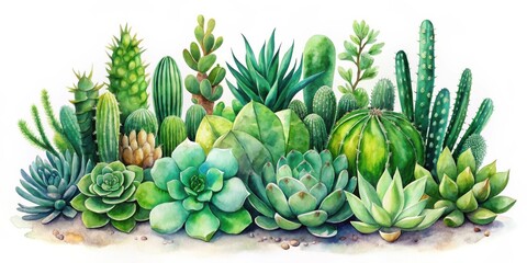 Fototapeta premium A watercolor illustration featuring a diverse array of succulent plants, including various cacti, agave, and succulents, with a focus on their vibrant green hues and intricate textures.