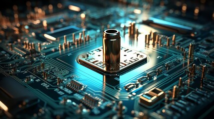 A close up of a computer chip with a gold colored plug