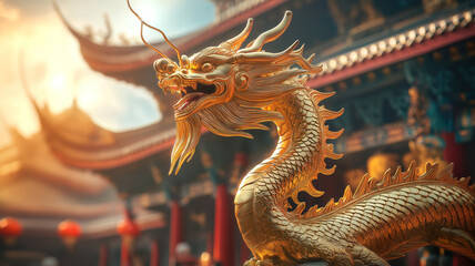 Fototapeta premium Closeup of Chinese temple's golden dragon statue, an iconic symbol of New Year celebrations