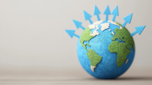 Global Growth:  A handcrafted globe with blue arrows pointing upwards, symbolizing the upward trajectory of global growth and development. It's a visual representation of progress, ambition.