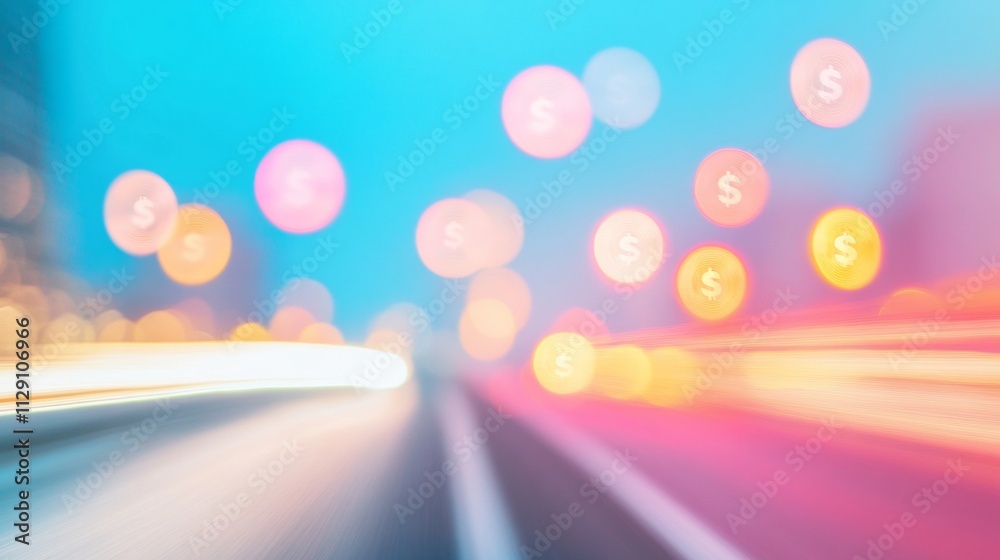 Poster Abstract Cityscape with Currency Symbols in Motion at Dusk