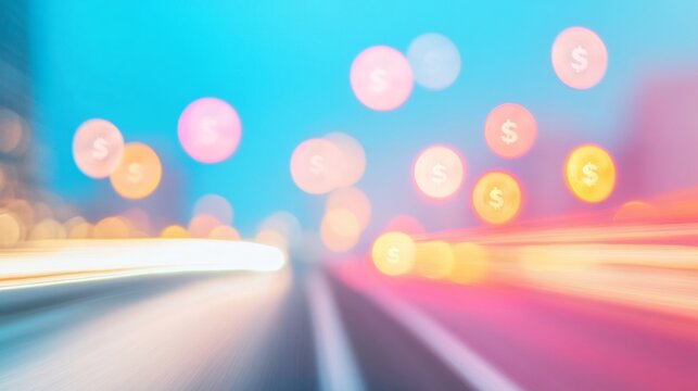 Abstract Cityscape with Currency Symbols in Motion at Dusk - Powered by Adobe