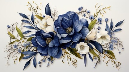 A blue and white flower arrangement with a blue flower in the center