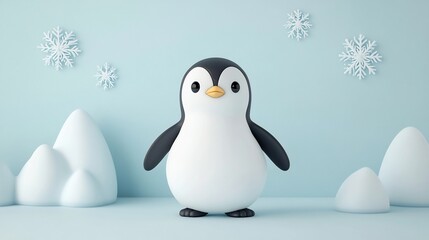 Obraz premium Adorable 3D Cartoon Penguin Surrounded by Icebergs and Snowflakes on Minimalist Background