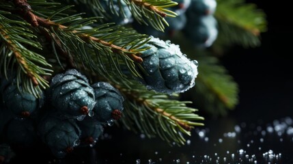 A tree branch covered in snow and green leaves