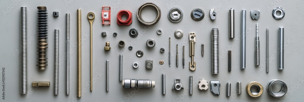 Fototapete various car parts and tools like bolts, nuts, spark plugs, and wrenches are displayed on a flat surf