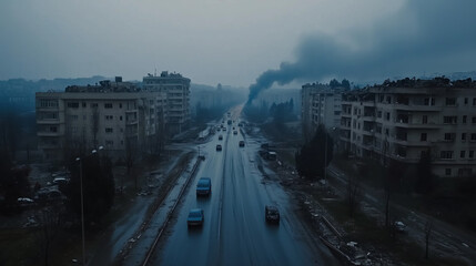 A ruined cityscape with destroyed buildings, shattered vehicles and rising smoke shrouded under a gloomy sky symbolizes the desolation and destruction of war