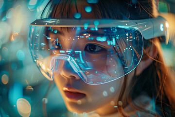 Young school student with VR headset using AI artificial intelligence technology & machine learning. Interactive play in classroom. Innovation & smart tech. AI blue hologram in education concept	