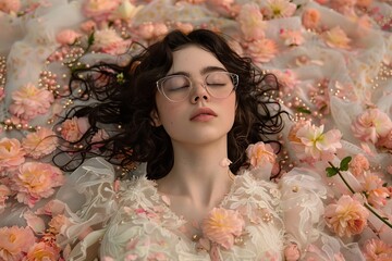 Fototapeta premium Joyful young woman with long hair in trendy sunglasses enjoying a photoshoot against a pink backdrop