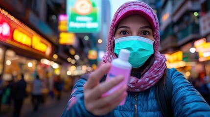 Fototapeta premium A young woman wearing a face mask holds a bottle of hand sanitizer in a bustling city street, representing safety and health in an urban environment during pandemic times.