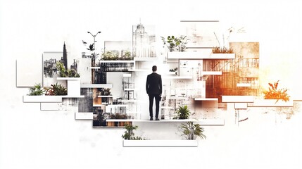 Businessman Contemplates Modern City Architecture in Abstract Geometric Design