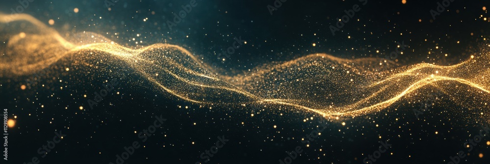 Fototapete A mesmerizing wave of golden glitter elegantly flows across a deep dark background, creating a sense of movement and beauty, perfect for adding text. Generative AI