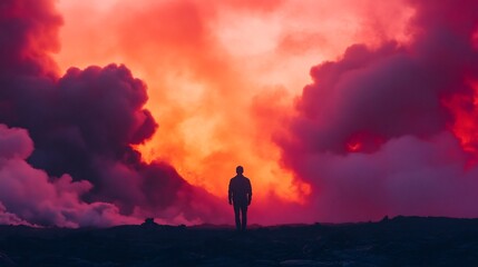 Solitary Man's Silhouette Amid Dramatic Volcanic Landscape