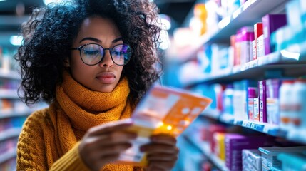A young woman intently examines a product label in a pharmacy aisle, illustrating careful consideration and informed decision-making in a consumer-driven health environment.