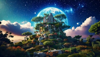 Obraz premium Fantasy Landscape Enchanting Moonlit Castle on Hilltop Garden