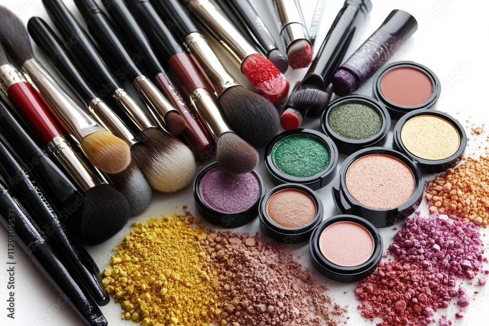 Poster an array of makeup tools and brushes lies artistically arranged, featuring vibrant eyeshadows and po