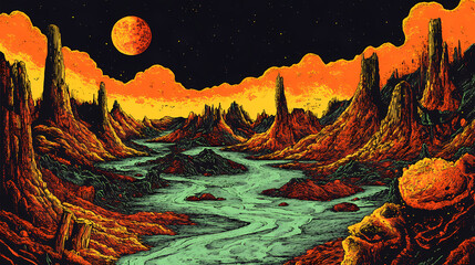 Alien planet landscape with magma river and distant moon. Magma. Illustration