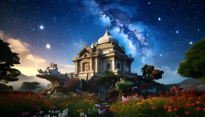 Fototapeta premium Serene Temple Gardens Under Starry Night Sky