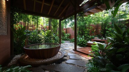 Obraz premium A serene garden space with a wooden tub, stone pathways, and lush greenery for relaxation.