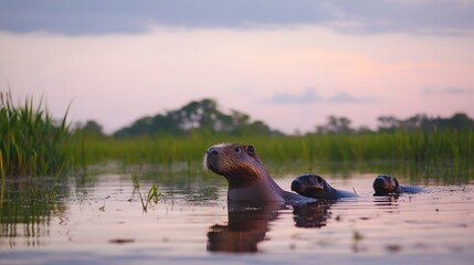 Fototapeta premium Sunset Capybara Family Photo