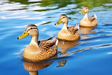 A dynamic photo of ripples spreading from a group of ducks paddling in a calm river, their motion creating waves