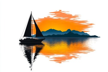 Fototapeta premium A flat vector of a sunset over Eilat mountains and the Red Sea, with a silhouette of a boat, illustrated on a clean white canvas