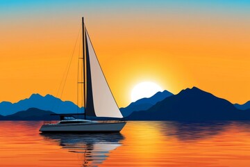 Fototapeta premium A flat vector of a sunset over Eilat mountains and the Red Sea, with a silhouette of a boat, illustrated on a clean white canvas