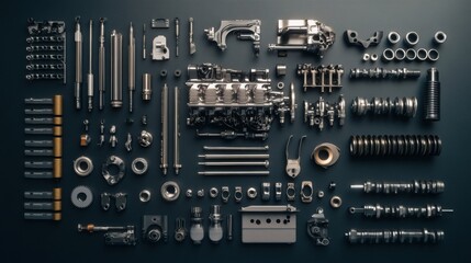 Detailed arrangement of car engine components like pistons, gears, belts, and valves, providing a clear view for automotive enthusiasts and mechanics. Generative AI