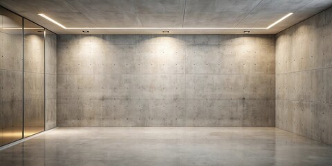 Fototapeta premium Empty room with textured concrete walls, illuminated by recessed ceiling lights and a large glass panel
