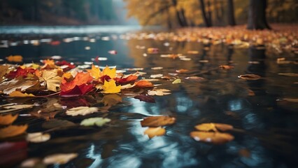 Autumn Leaves Floating on a Serene River Surrounded by Colorful Trees at Twilight