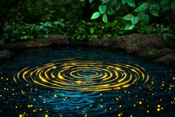 A magical depiction of glowing ripples in an enchanted pond, with golden sparks emanating from the water and mystical creatures reflected in the surface