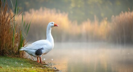Obraz premium Serene morning by the lake with a graceful goose in natural wetland habitat
