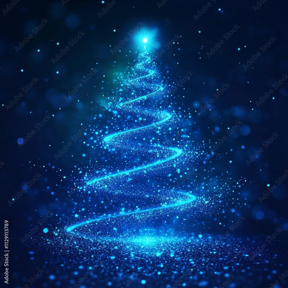 Poster Glowing Christmas spruce tree in futuristic glowing low polygonal style isolated on dark blue background. Merry Christmas greeting card. Modern abstract connection design vector illustration.