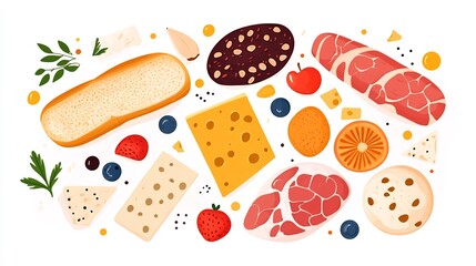Diverse Collection of Appetizing Food Ingredients in Minimalistic Flat Design