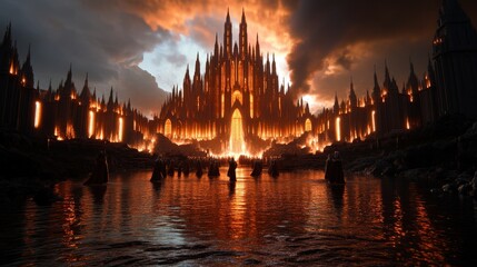 Naklejka premium A hauntingly beautiful fortress illuminated by an inferno captures attention with its towering spires, blending architectural majesty with the elements of fire and shadow.