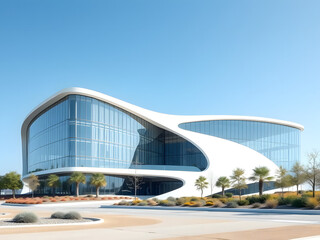 Obraz premium Futuristic building with glass facades and minimalistic landscaping under a clear blue sky 